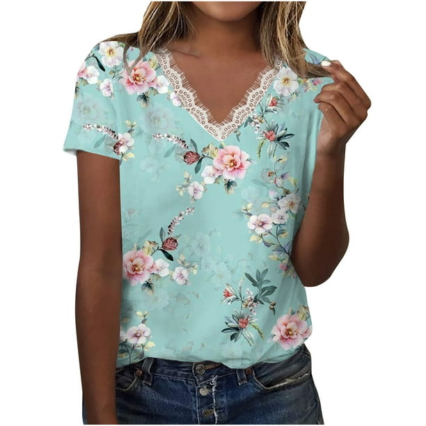 Birdeem Womens Summer T Shirts V Neck Lace Trim Short Sleeve Tops Fashion  Casual Tees T-Shirt Tops