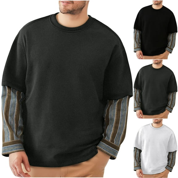 Fengqque Men's Fashionable and Comfortable Casual Long Sleeve T-Shirt Fake Two Piece Shirt Pullover Top Blouse White XL(XL)