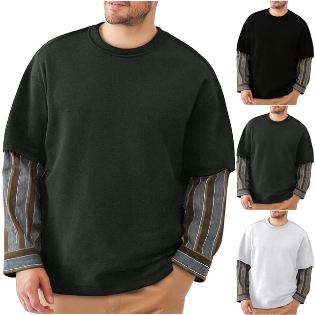 Chandail à Capuchon T-Shirt pour Homme en Polyester Uni Imitation Deux Pièces, Haut à Manches Longues Style Superposé, Col Rond Décontracté Mode Urbaine, Haut Actif pour le Quotidien Gym Vacances, Mode
