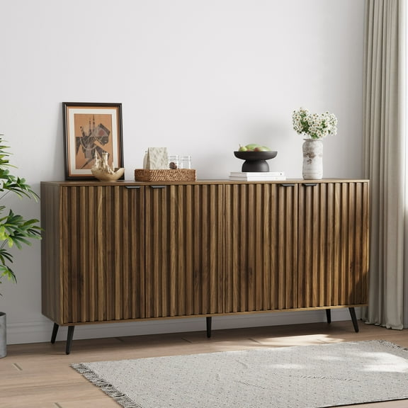 Semiocthome Sideboard Storage Cabinet with 4 Fluted Doors and 2 Shelves, Kitchen, Dining Room, Walnut
