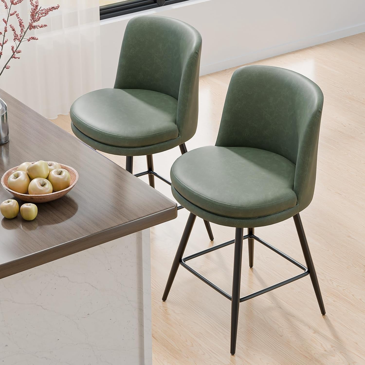 VINGLI 26" H Swivel Barstools Set of 2, PU Faux Leather Upholstered Counter Height Bar Stool with Back, Kitchen High Chairs with Cushion Round Seat, Metal Legs, White