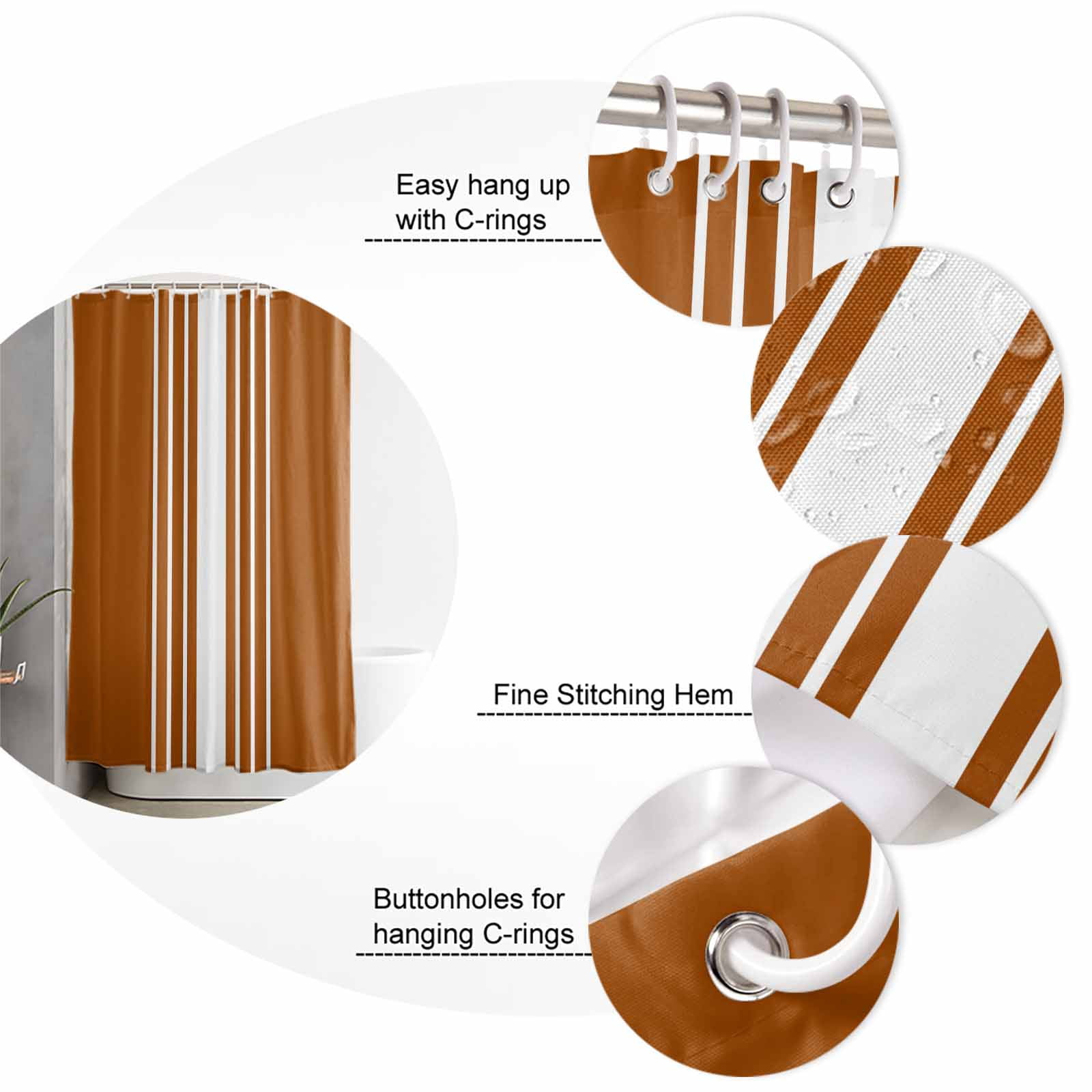 72x78 Inch Shower Curtain Burnt Orange White Stripe Bathroom Decor Waterproof Fabric Bathtub Bath Curtains Decorative Modern Rustic Vertical Striped Extra Long Shower Curtain Set with Hooks