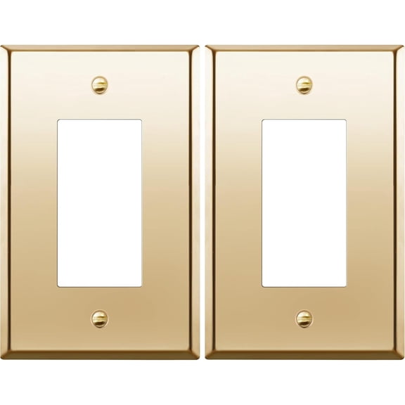 Decorator Switch or Receptacle Metal Wall Plate, Stainless Steel Outlet Cover, Corrosion Resistant, Mid-Size 1-Gang 4.88" x 3.11", 201 Stainless Steel, UL Listed, Polished Brass, 2 Pack