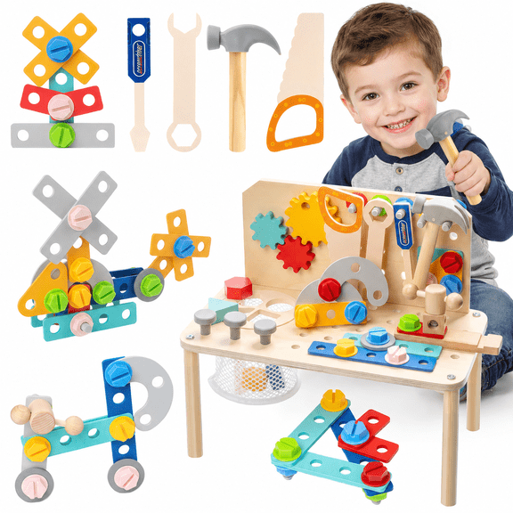 UQN Kids Tool Set for Boys Age 2-6, 92Pcs Wooden Toddler Tool Bench, Toddler Activity Table with Realistic Tools, Montessori Construction Pretend Play Toy Birthday Gift for Boys Toddlers