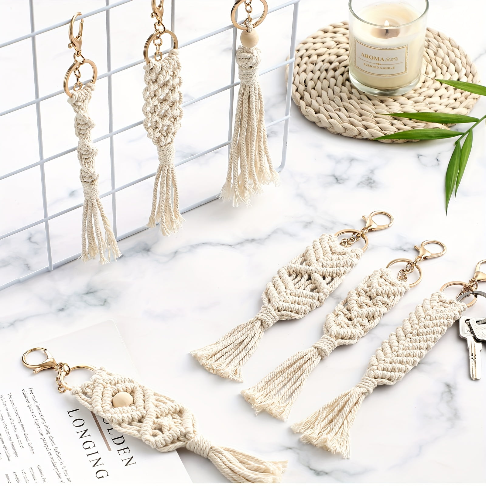 24 Pcs Boho Tassel Keychain Set, Beige Woven Macrame Keychain Charms with Gold Key Rings, Handmade Bag Charm Accessories for Women, Bohemian Party Favor Wedding Gift Bulk