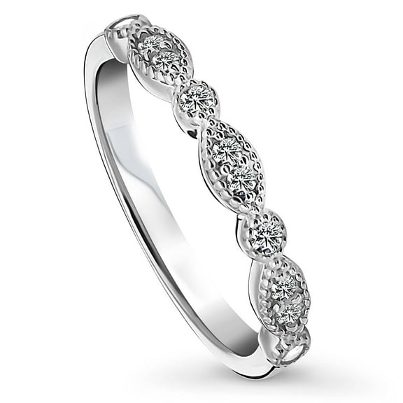 BERRICLE Sterling Silver Milgrain Wedding Rings Crown Set Round Cut Cubic Zirconia CZ Vintage Inspired Art Deco Half Eternity Ring for Women, Rhodium Plated Size 5