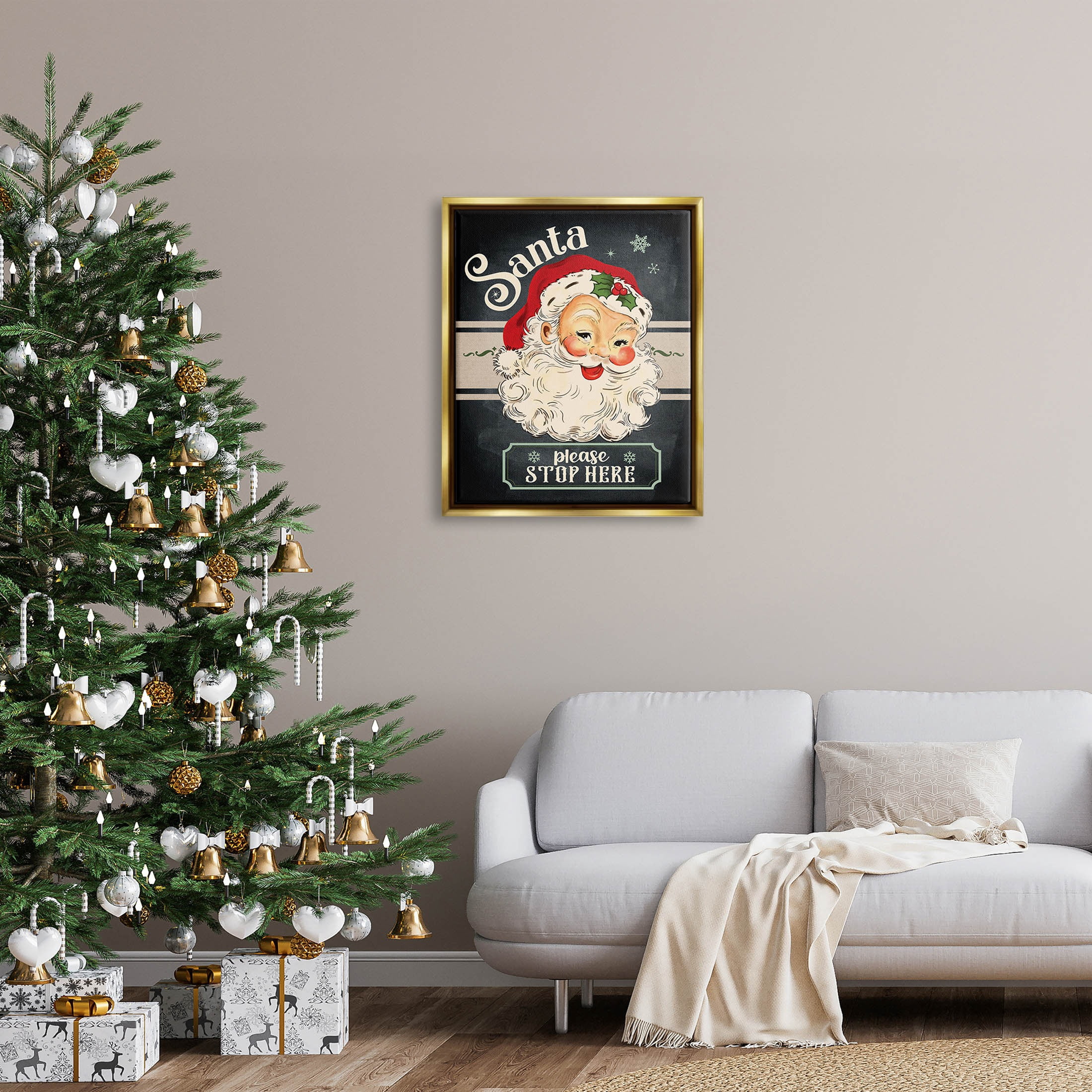 Santa Please Stop Here Vintage Smiling Holiday Graphic Art Metallic Gold Framed Art Print Wall Art