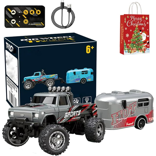 Mini Camion Tout-Terrain avec Lumières, 1:64 Mini Camion Monstre Rc, Télécommande 2.4ghz, 3 Vitesses Réglables, Camions Rc en Alliage Rechargeables USB, Idées Cadeaux de Noël Anniversaire Cool (Gris avec Camion de Remorquage)