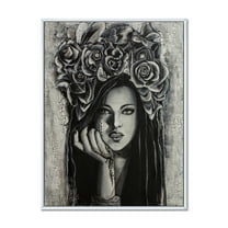Designart 'Portrait Of A Young Woman With Flowers III' Modern Framed Canvas Wall Art Print