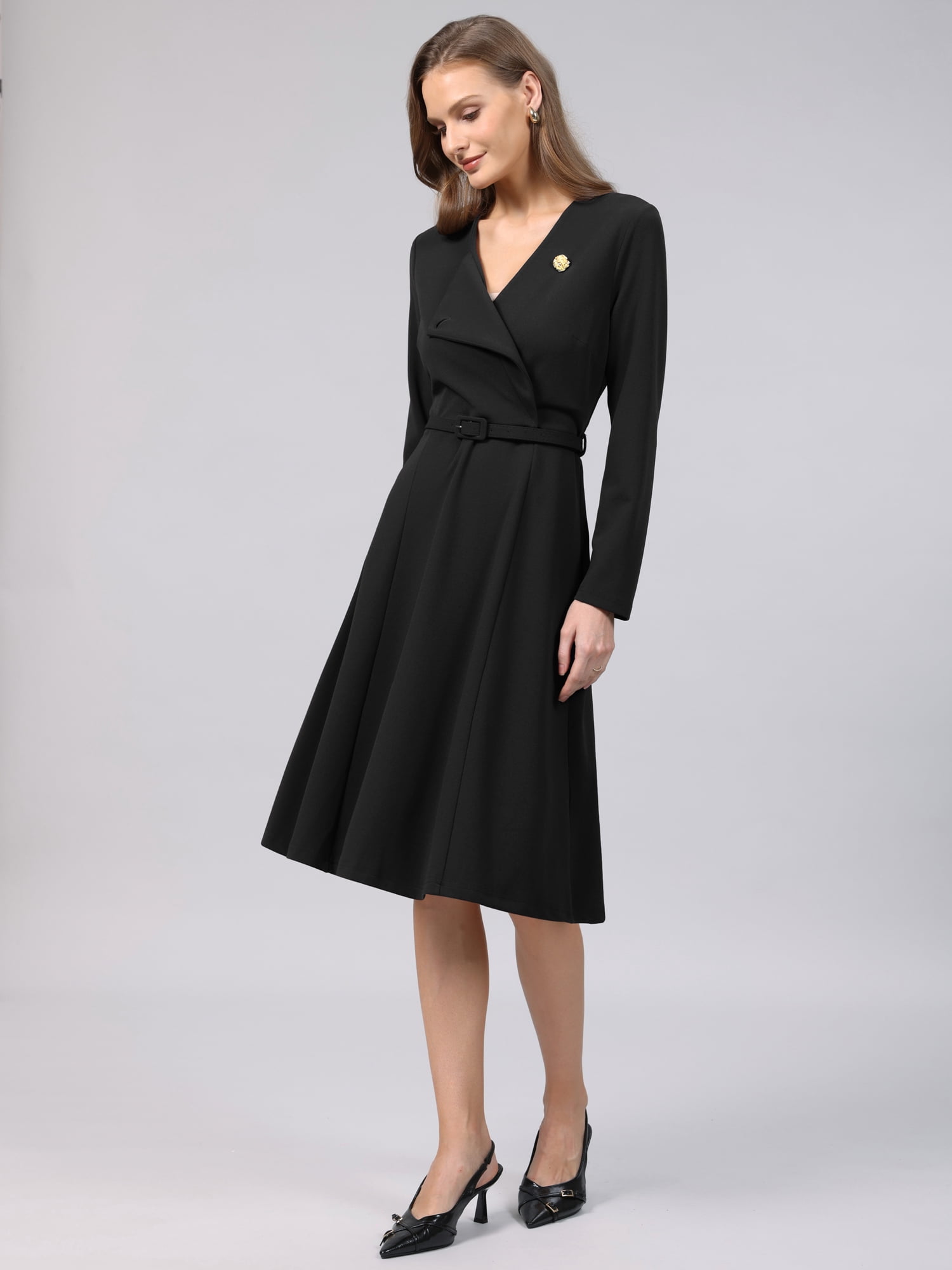 DARING DIVA Women's A-Line Work Lapel V Neck Long Sleeve Flare Dress M Black