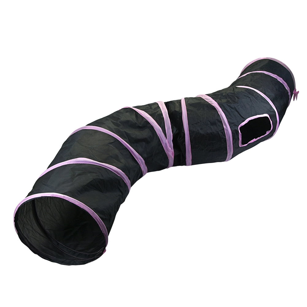 Black & Pink Striped S-Shaped Collapsible Cat Tunnel 2-Way Pet Play Tube with Square Peek Hole Interactive Cat Toy for Kittens