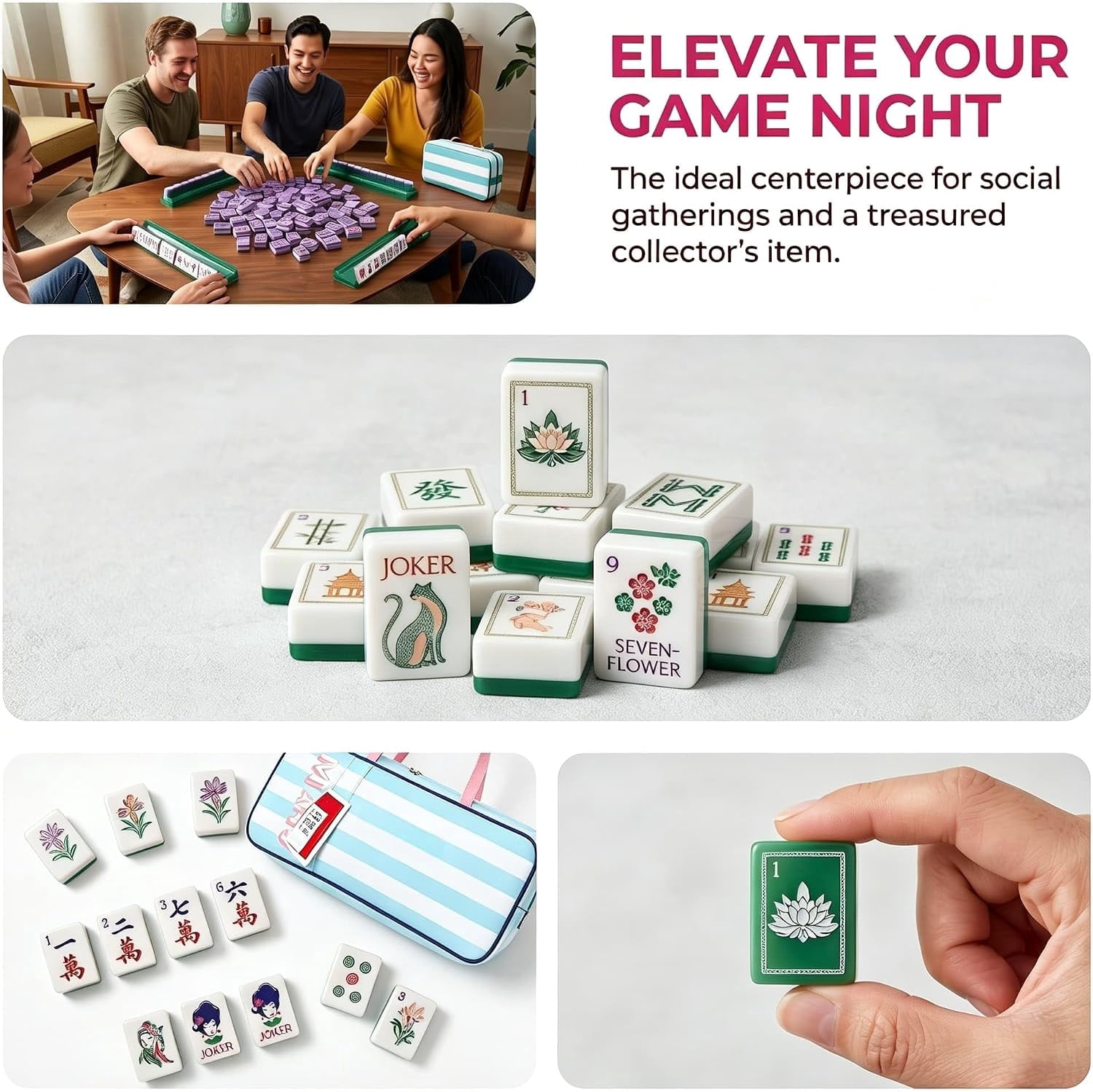 Premium American Mahjong Set 160 Tiles, 4-Layer Acrylic Mahjong Tiles with Preppy Botanical & Chinoiserie Designs, Portable Western Mah-Jongg Game Set，Grandmillennial Decor