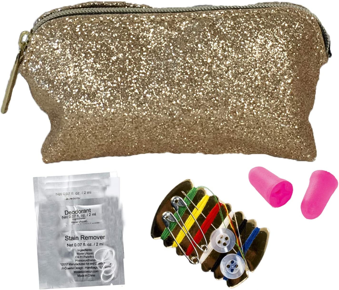 23 Piece Travel Emergency Kit in Gold Sparkle Mixit Cosmetic Zippered Bag  for sale online