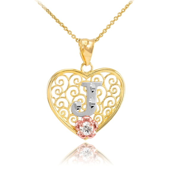 TWO TONE YELLOW GOLD FILIGREE HEART "J" INITIAL CZ PENDANT NECKLACE : 14K Pendant with 20" chain