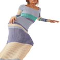 thumbnail image 3 of Robe Longue Tricotée pour Femmes Automne Décontractée Contraste Couleur Rayures Épaules Dénudées Manches Longues Robe Slim Vêtements d'Automne, 3 of 7