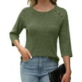 thumbnail image 4 of Ltctricy Women's Tops 3/4 Length Sleeve Crew Neck Ribbed Knit Button Front Fleece T Shirts Loose Tee Blouses Dressy Casual Tees(Army Green,Large), 4 of 5