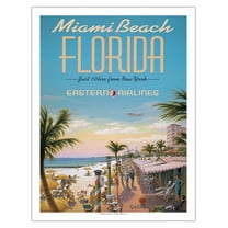 Miami Beach Florida - Eastern Airlines - Just 10 hrs from New York - Vintage Airline Travel Poster by Kerne Erickson - Fine Art Matte Paper Print (Unframed) 20x26in