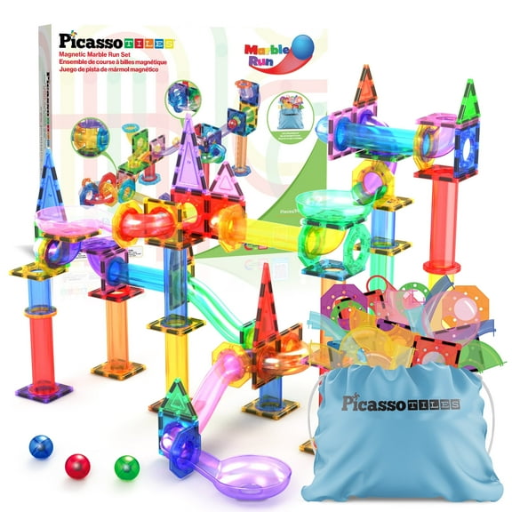 PicassoTiles Marble Run Magnetic Tiles for Kids – 62PCS STEM Construction Building Blocks Race Track Set, Educational Creative Learning Toy