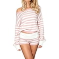 thumbnail image 2 of Xdegoge Womens 2 Piece Knit Lounge Set Striped Off Shoulder Long Sleeve Sweater Top and High Waisted Shorts Casual Summer Vacation Outfits, 2 of 5