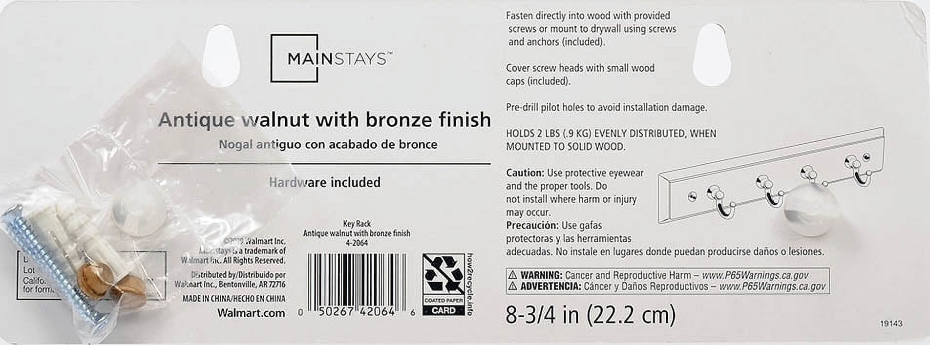 Mainstays Walnut Finish 8.75 inch Key Rail with 4 Satin Nickel Hooks for Keys, Mail, Leashes, 2 lbs Capacity, 1 Pack