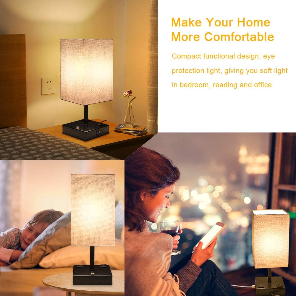 Bedside Lamp, Way Dimmable Touch Control Table Lamp with USB Charging Ports  AC Outlet, Nightstand Lamp with Grey Fabric Shade Bedroom Lamp for Bedroom  Set of for Living