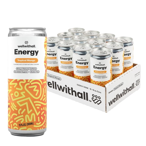 WellWithAll Energy Drink - Tropical Mango - Natural Caffeine - Lightly Sparkling 12 oz, 12 Pack