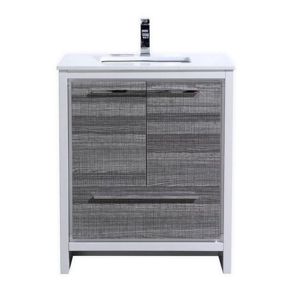 Kubebath Dolce 30" Ash Gray Modern Durable Bathroom Vanity with White Quartz Countertop