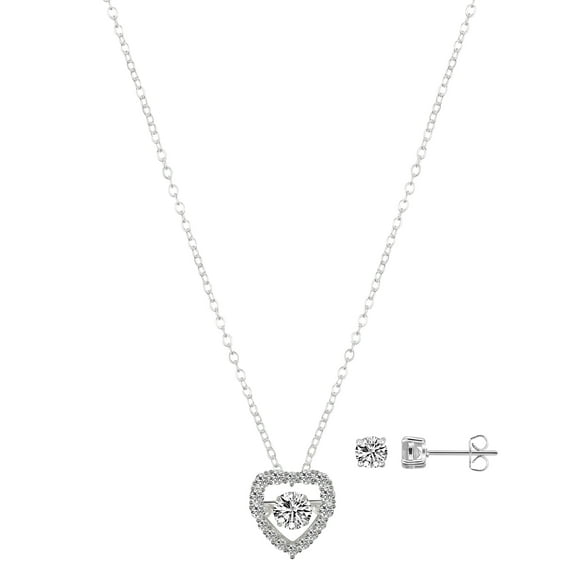 Believe by Brilliance Women's Cubic Zirconia Heart Necklace and Stud Earring Set, 18 2"