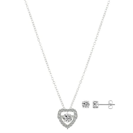 Believe by Brilliance Women's Cubic Zirconia Heart Necklace and Stud Earring Set, 18+2"