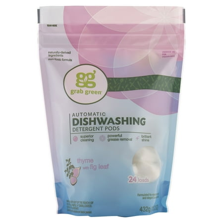 Grab Green Natural Automatic Dishwashing Detergent Pre-Measured Powder Pods, Thyme With Fig Leaf, 24