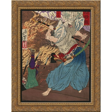 Oda Nobunaga fighting with another warrior whom he knocks off a building into a raging inferno 24x20 Gold Ornate Wood Framed Canvas Art by Tsukioka