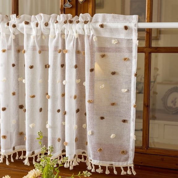 Faty-T Tassel Lace Kitchen Tier Curtains, Sheer Scalloped Floral Embroidered Small Cafe Curtain, Light Filtering Short Curtains for Living Room Bathroom