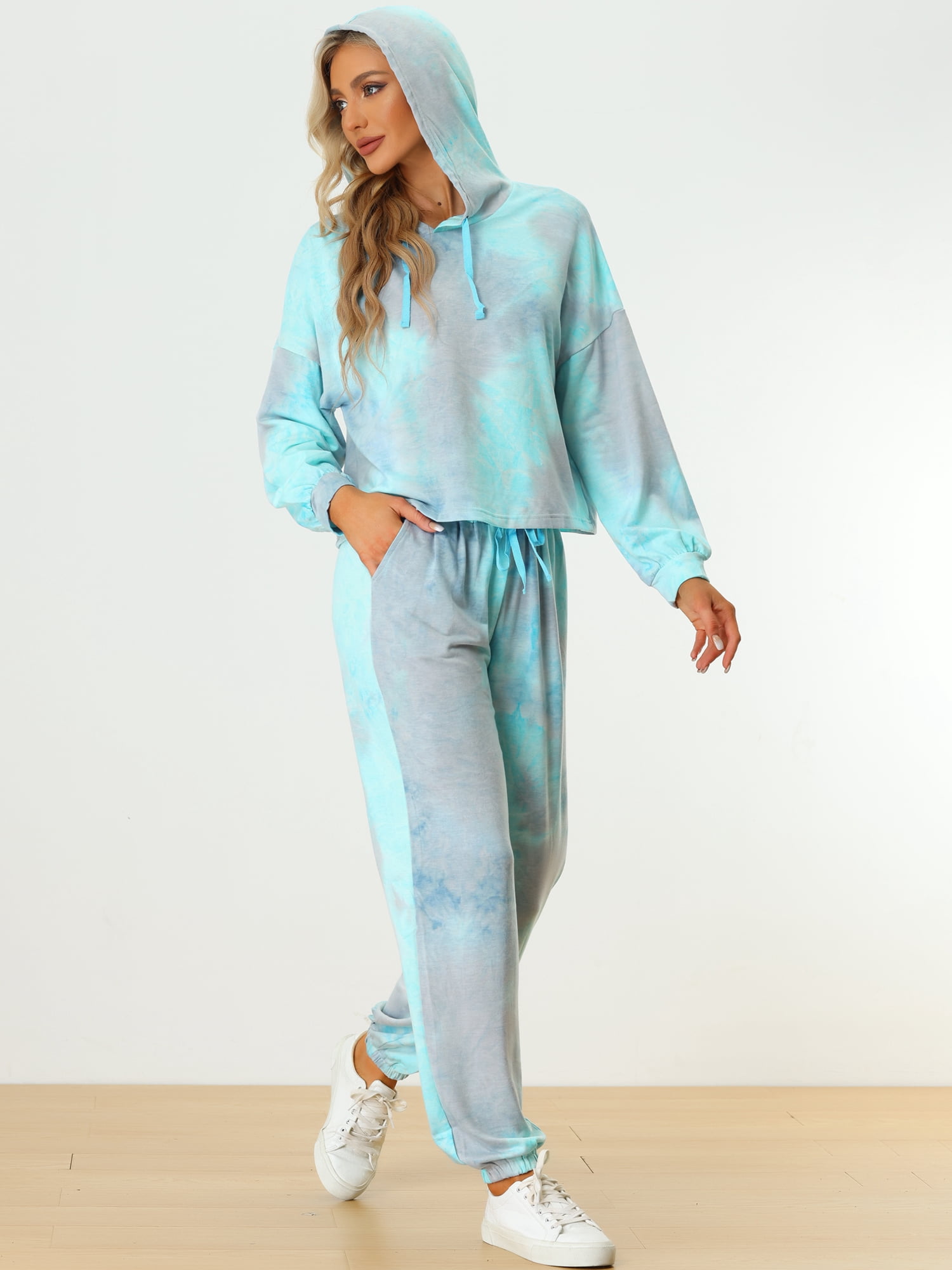DARING DIVA Women's 2 Piece Tie Dye Hoodie Drawstring Sports Outfit XS Light Blue