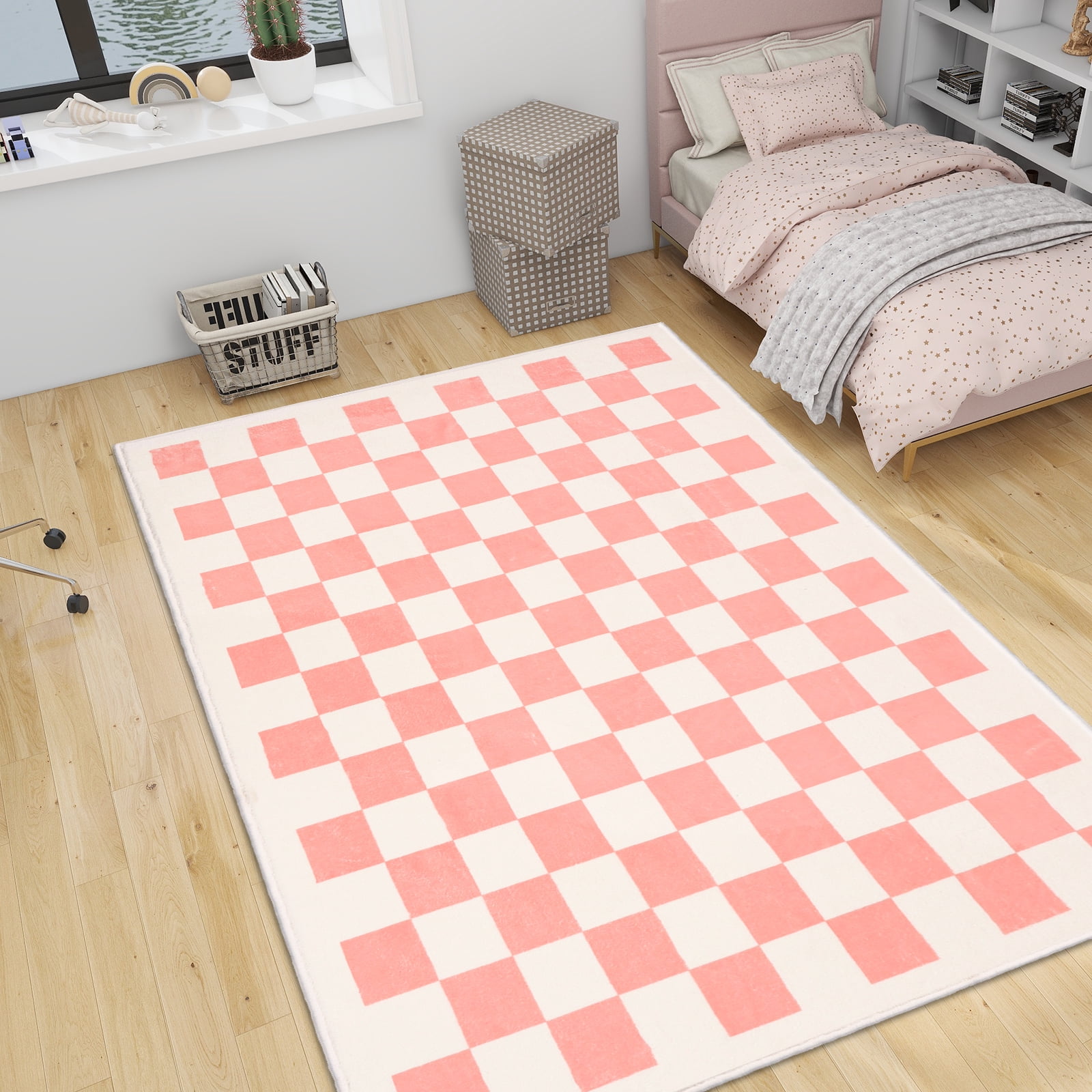 Area Rugs for Bedroom Living Room, 3' x 5' Checkered Rug Retro Checkerboard Moroccan Rug Lightweight Outdoor Washable Carpet Rustic Decor for Living Room Bedroom Kitchen Patio(Pink/White)