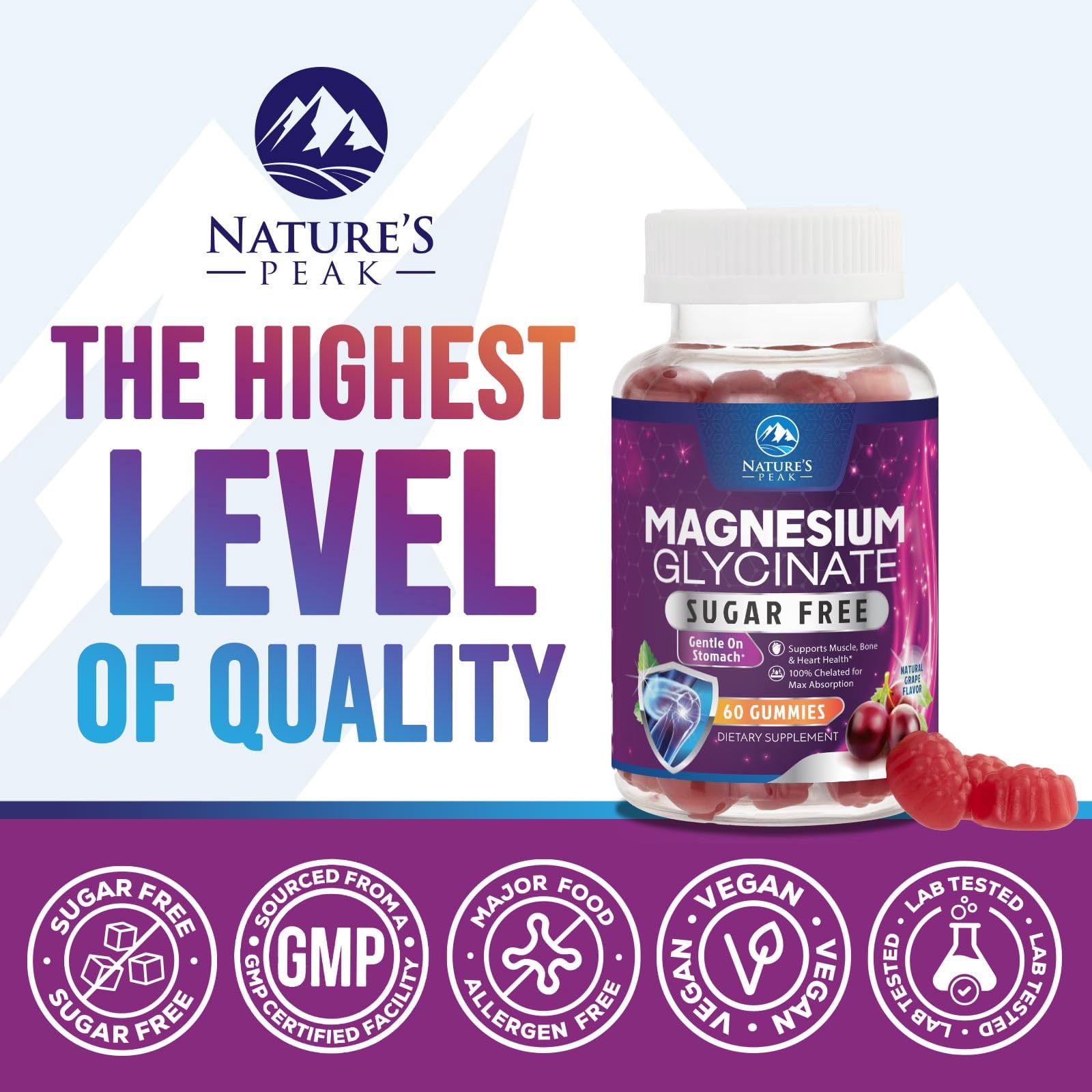Magnesium Glycinate Gummies - Sugar Free - 100% Chelated Magnesium Gummy Supplement for Max Absorption - for Sleep Support & Heart, Muscle & Bone Health - Gentle on Stomach, Grape Flavor - 60 Gummies