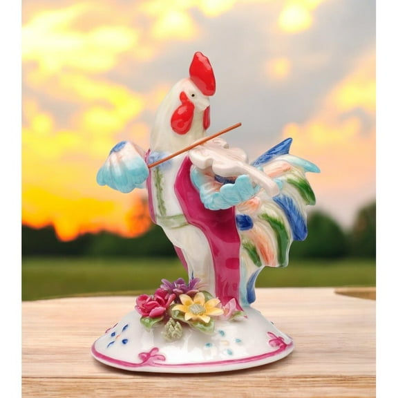 Ceramic Rooster Playing Violin Figurine 4 Inch Farmhouse Decor Gift Musician