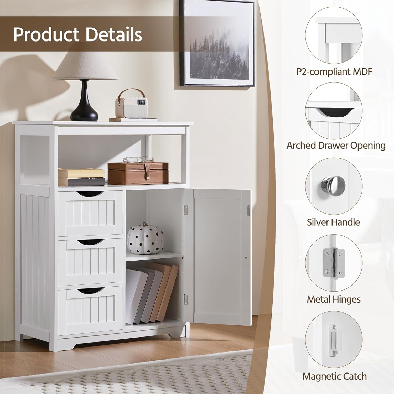 GMNIU Bathroom Storage Cabinet Bathroom Floor Cabinet Freestanding Storage and Organizer with Door, 3 Drawers, Adjustable Shelf, 35.5 Inches Height, White