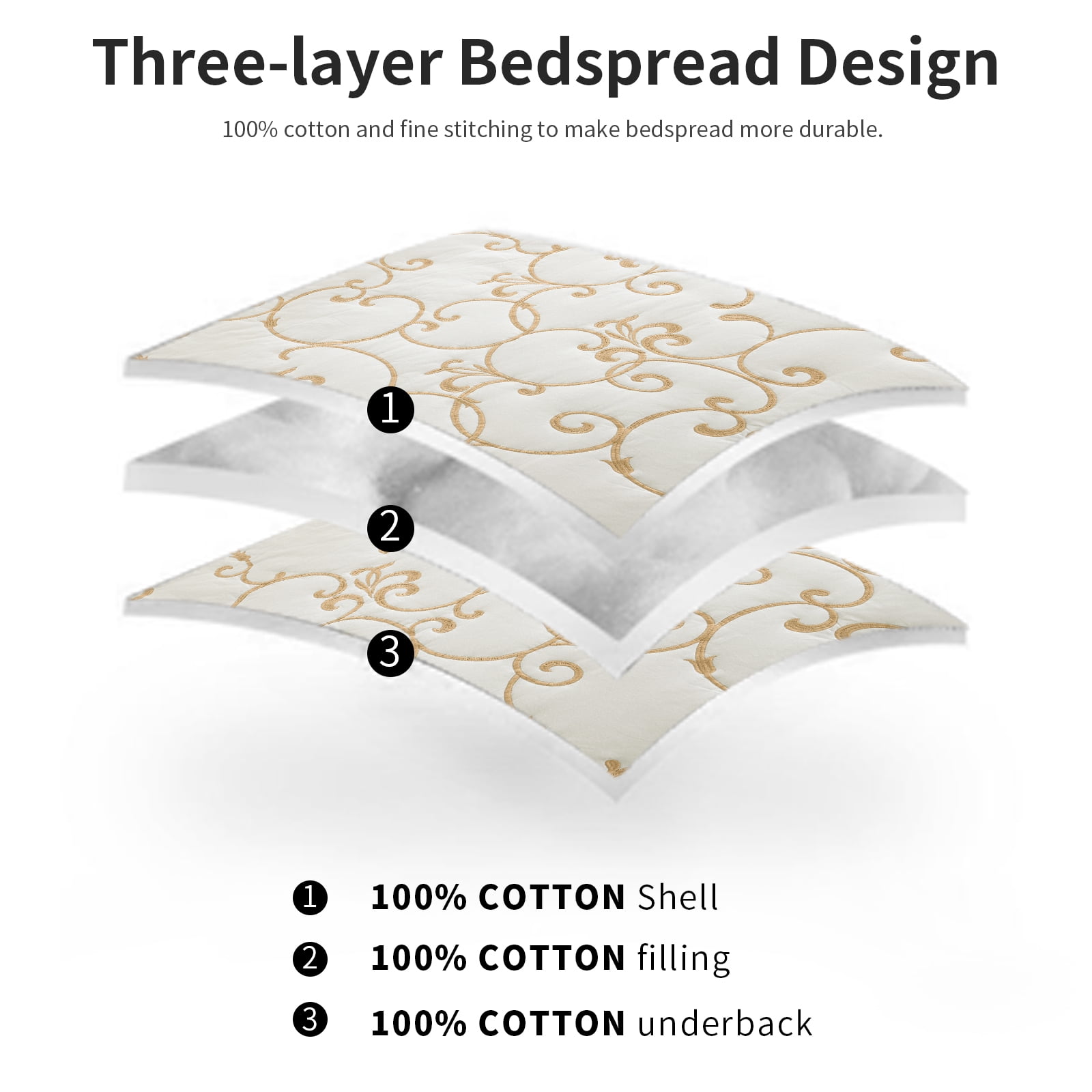 DDUOXIN 100% Cotton 120x120 Bedspread King Size - Gold Beige/White Floral Reversible California King Bedspreads for Bed, Lightweight Elegant Vintage Cal Oversized King Quilts Bedding Set, 3 Piece