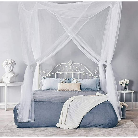 Reed 4 Corners Post Bed Canopy Twin Full Queen King Mosquito Net for Full Queen King Bedding(White)