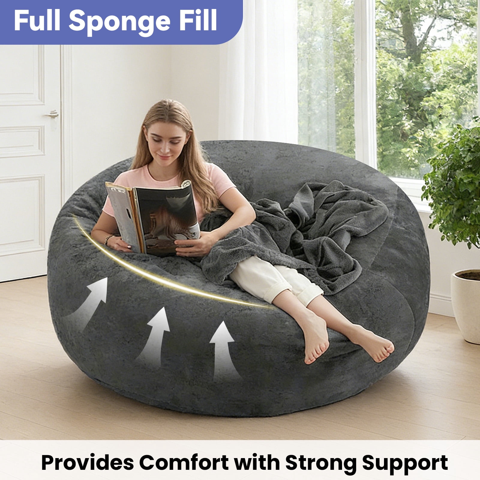 5FT Bean Bag Chair for Adults Teens, Dark Gray high-density foam Filled Soft Sofa, Removable Flannel Cover Round Couch for Living Room Bedroom Dorm