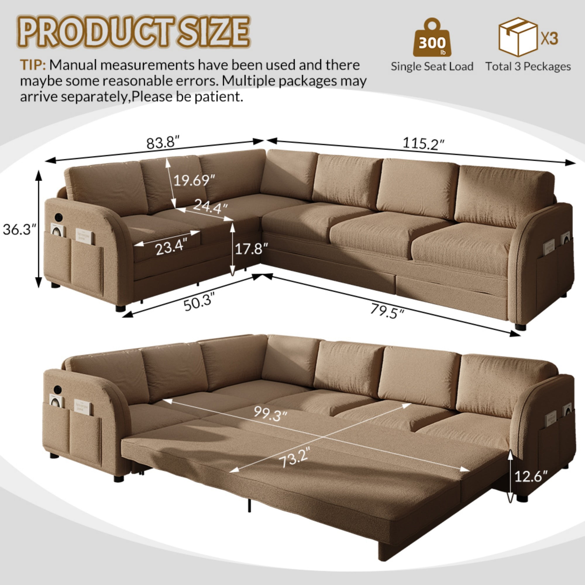LLappuil Sectional Sofa, 115" Sectional Couch with Pull Out Sofa Bed King Size, 6 Seat Teddy Sofa Convertible Sofa Bed for Living Room Brown