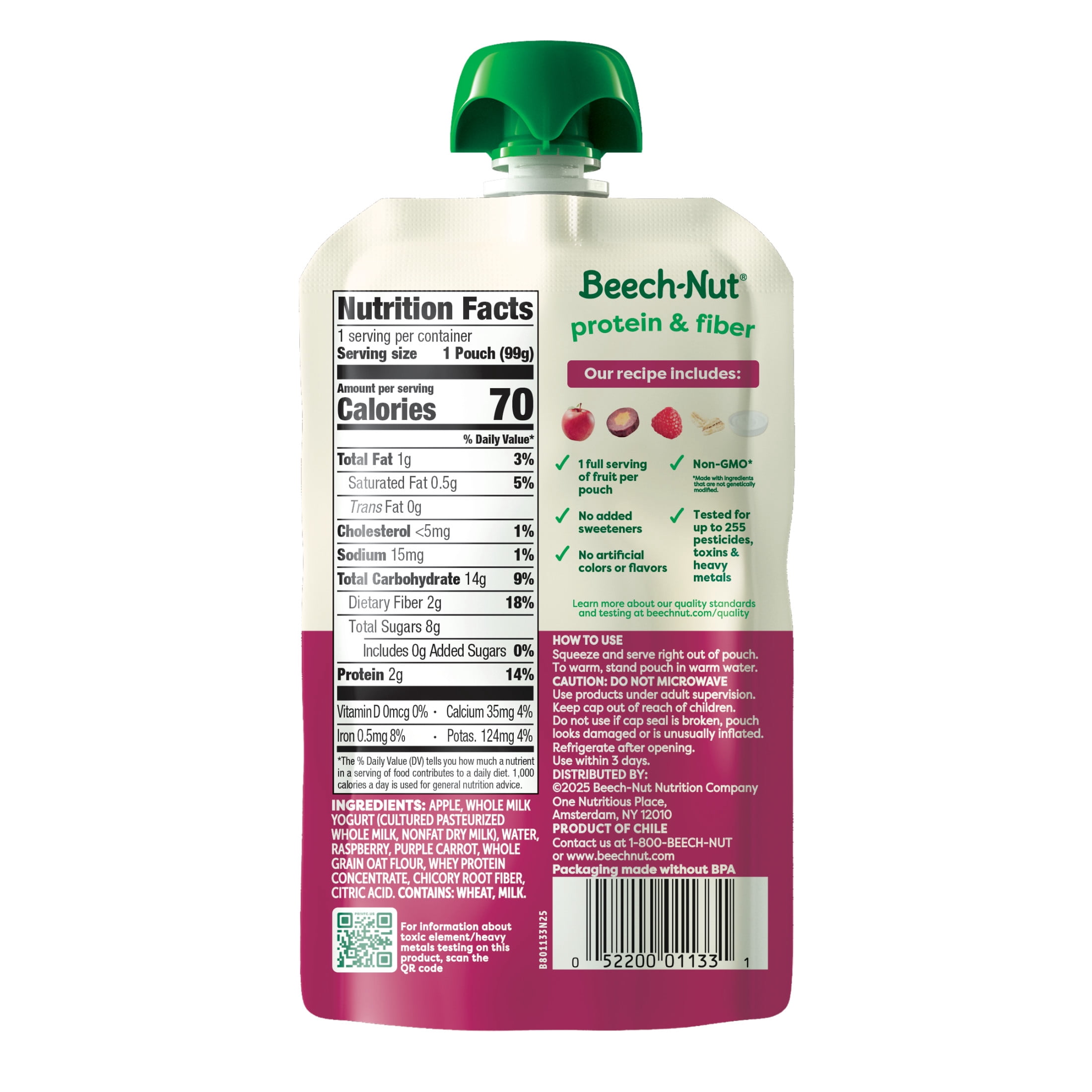 (12 pack) Beech-Nut Protein & Fiber Stage 4 Toddler Food, Apple Yogurt Raspberry Carrot Oats, 3.5oz