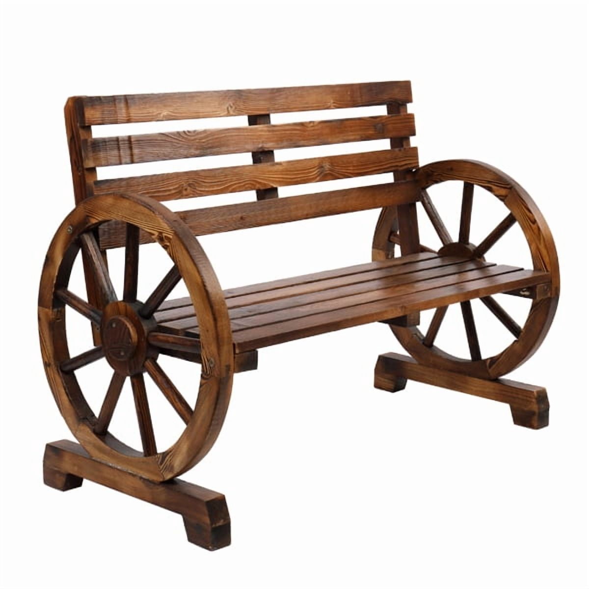 Rustic 2-Person Wooden Wagon Wheel Bench with Slatted Seat and Backrest for Patio Garden, Brown