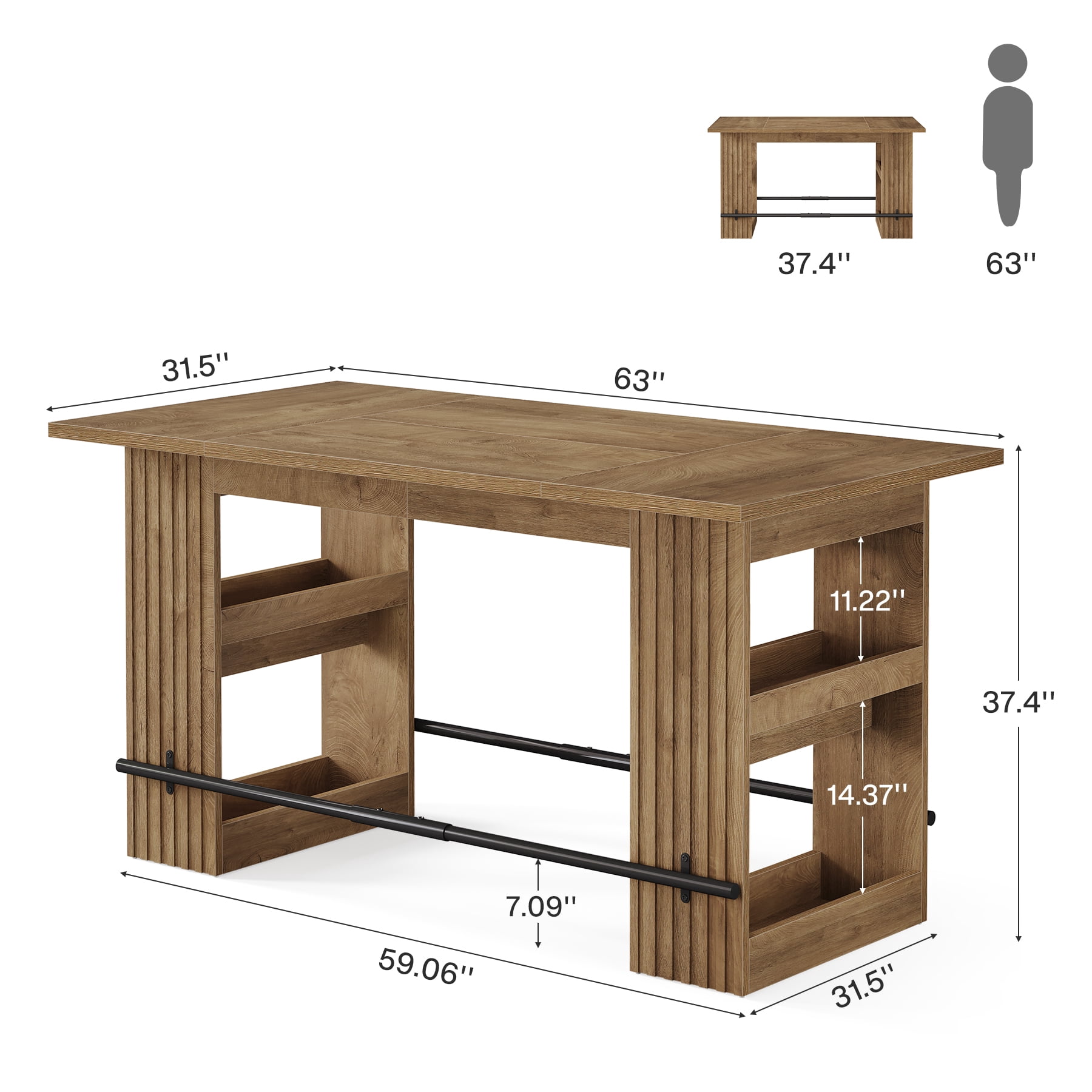 Finmind 63-inch Kitchen Island with Storage Shelves, Industrial Wooden Stationary Island Table, Large Coffee Bar Table with Footrest, Rustic Brown