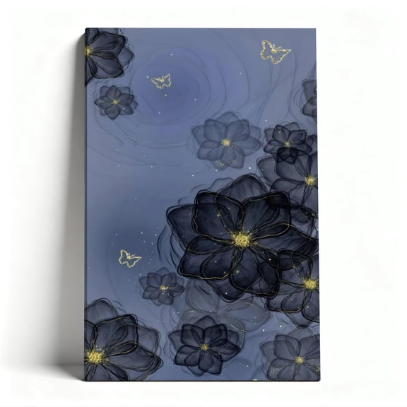 Black & Gold Floral Watercolor Canvas Wall Art, Luxe Modern Decor, Translucent Flower Artwork for Living Room, Ready to Hang