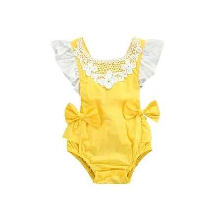 

Puloru Baby Romper Kids Lace Trim Bowknot Round Neck Sleeveless Bodysuit