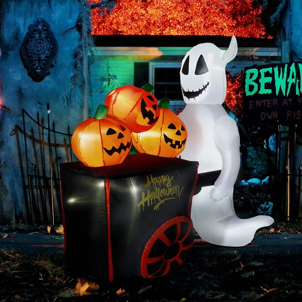DECORLIFE 6FT Halloween Inflatables, Blow up Ghost with Pumpkin Cart