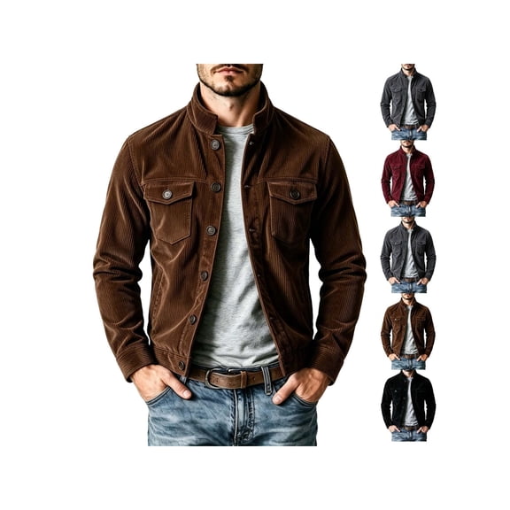 Zynoxe Mens Corduroy Jacket with Chest Pockets Classic Stand Collar Zip‑Up Jacket Warm Long Sleeve Casual Jackets Retro Solid Color Workwear Jacket for Men Brown S