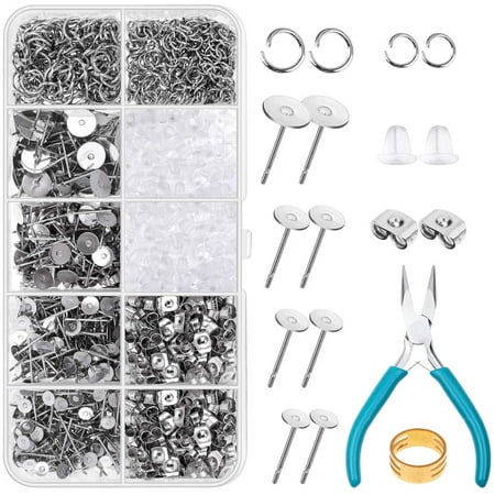 Earring Posts and Backs, 1800pcs Stainless Steel Stud Earring Kit with Earring Base Studs, Earring Backs and Jump Rings for Clay, Resin, Pearls, Jewelry Making and Crafting