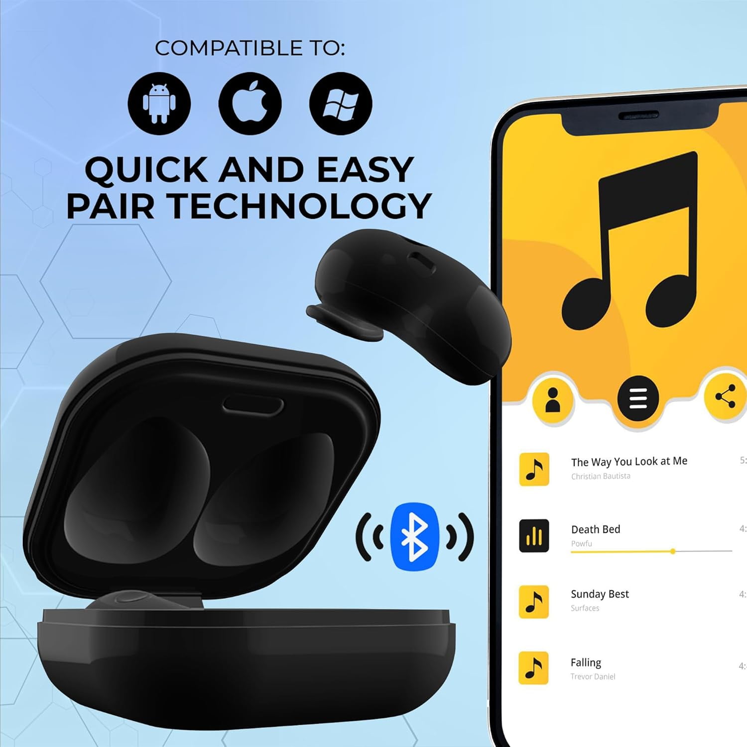 COBY Ultra-Slim True Wireless Earbuds, Ergonomic Bluetooth Earbuds with Microphone, Black